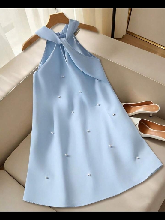 Other - Pearl-Embellished Light Blue Halter Dress for Girls